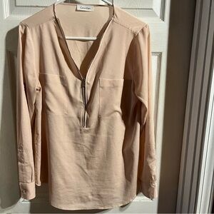 Calvin Klein Pale Blush Shimmery Half Front Zip Long‎ Sleeve Blouse Size Large